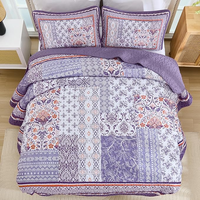 WONGS BEDDING Purle Quilt Set King Size, 3 Pieces Boho Patchwork Bedspread - Image 4