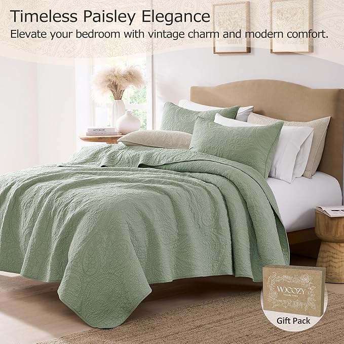 PALASSIO Sage Green Paisley 100% Cotton Quilt Queen Size Bedding Set - Image 2