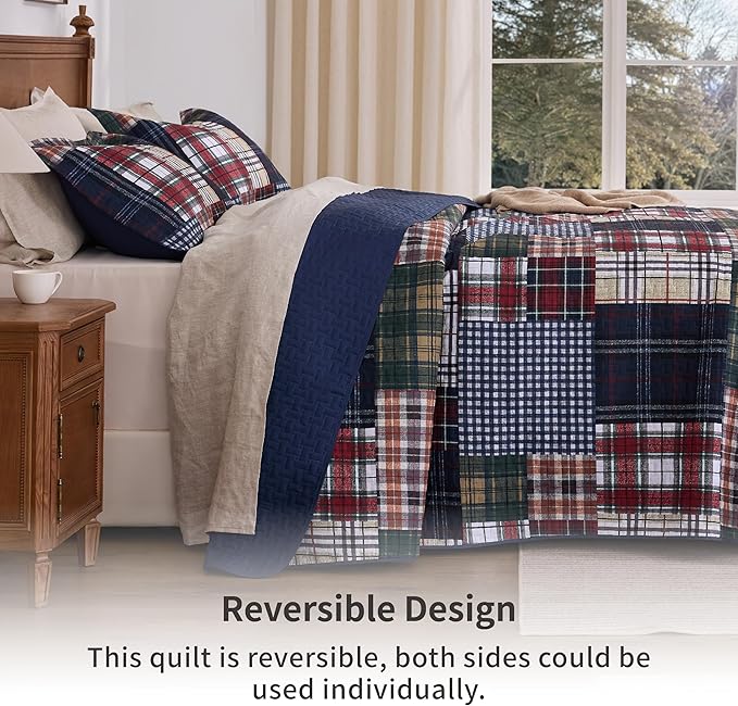 PPOLCA Patchwork King Quilt Bedding Set, Plaid Lightweight Reversible Bedspread - Image 2