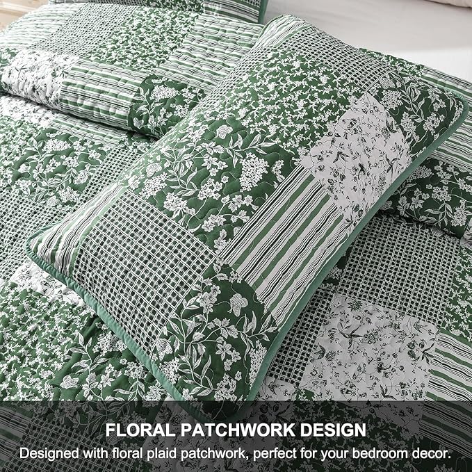 Mybedsoul Green Quilt Set Twin Size, 2 Pieces Plaid Floral Bedspread Set - Image 6