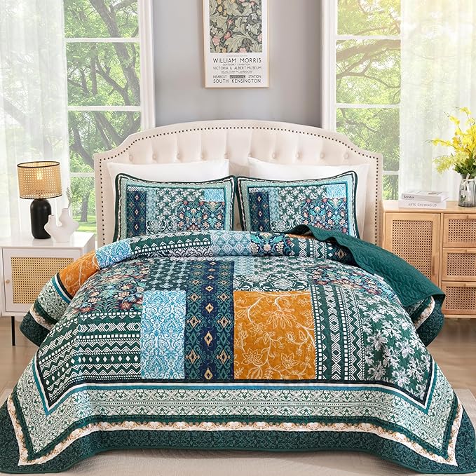 WONGS BEDDING Green Quilt Set Queen Size, 3 Pieces Boho Patchwork Quilt by WONGSBEDDING