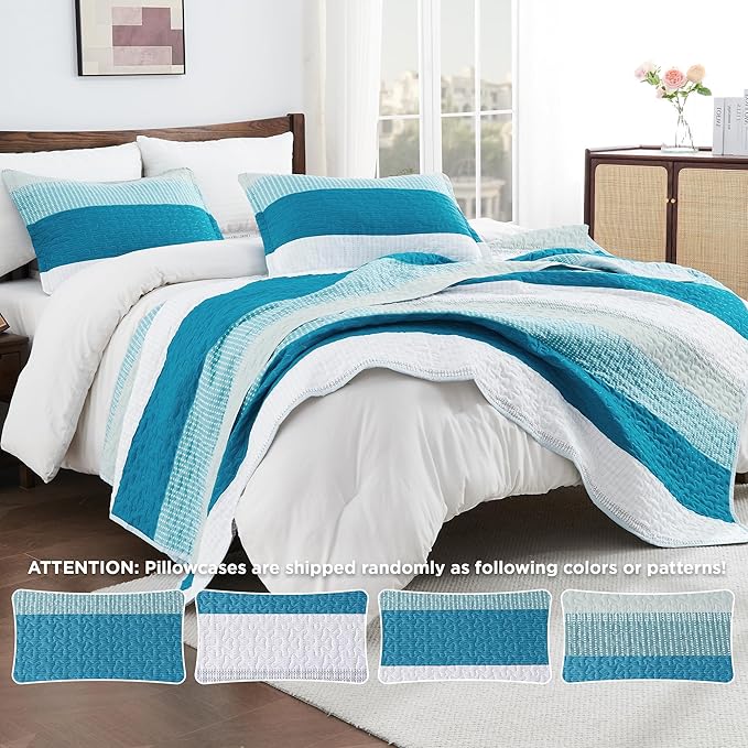 Andency Teal and White Striped Quilt King, 3 Pieces Patchwork Bedspread - Image 4