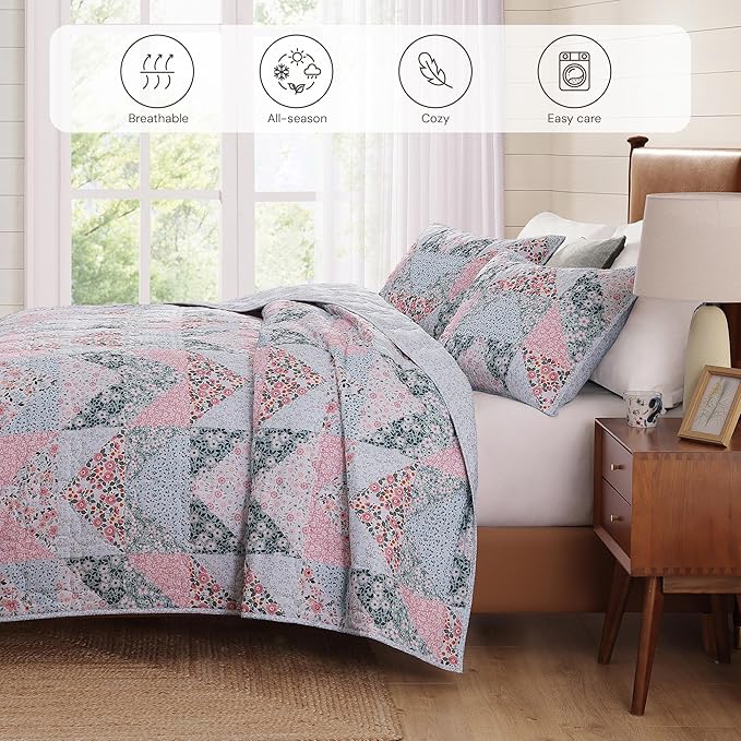 BLOOMHAVEN Quilt Set Queen Size, Patchwork Pink Floral Quilt Sets, Reversible - Image 4