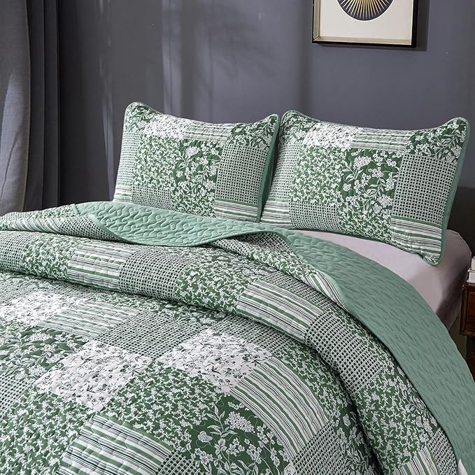 Mybedsoul Green Quilt Set Full Size, 3 Pieces Plaid Floral Bedspread Set - Image 8