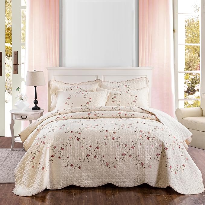 Quilt Set Classical 3D Floral Embroidery Pattern 3-Piece Cotton Reversible - Image 7