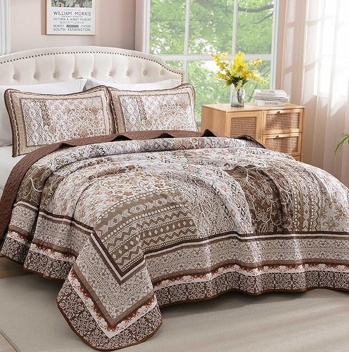 WONGS BEDDING Brown Quilt Set Queen Size, Bobo Floral Bedspread Coverlet Set - Image 2