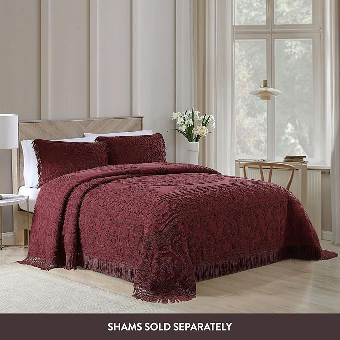 Beatrice Home Fashions Medallion Chenille Bedspread, Queen, Burgundy