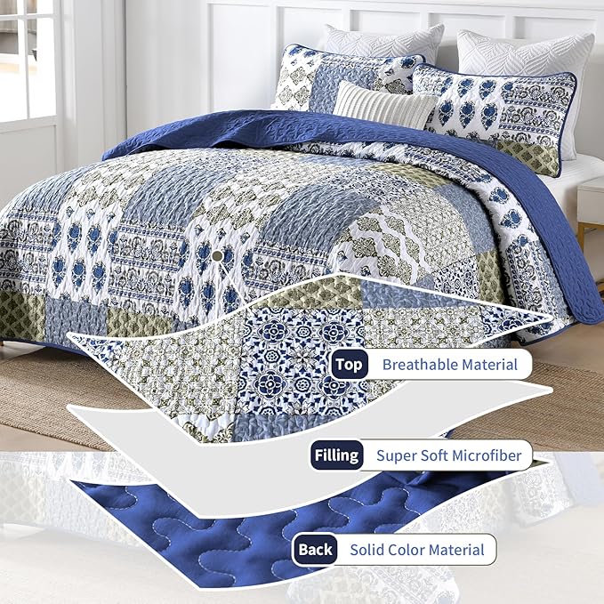 Mybedsoul Blue Quilt Set Queen Size 3 Pieces Boho Plaid Aqua Blue Floral - Image 6