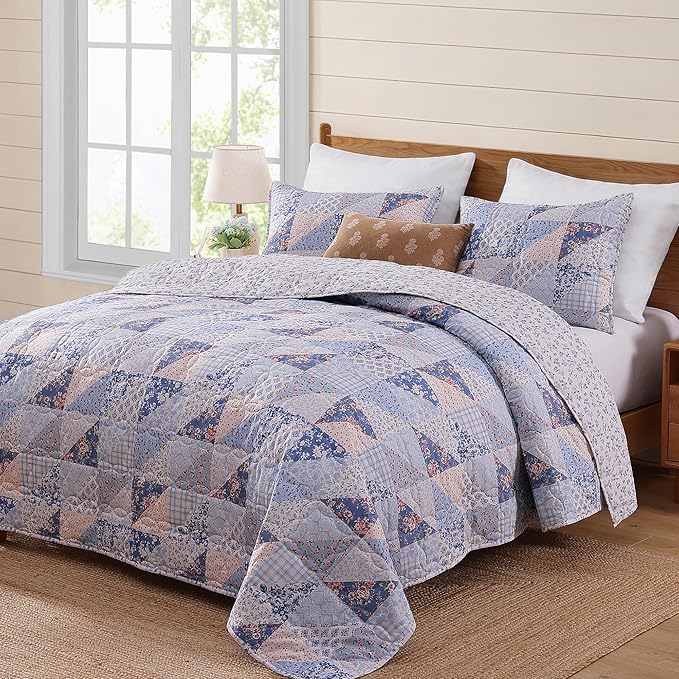 BLOOMHAVEN Quilt Set King Size, Patchwork Blue Pink Marigold Floral Quilt Sets - Image 7