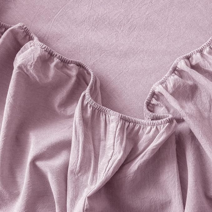 MooMee Fitted Bottom Sheet Only 100% Washed Cotton Linen Like Textured Breathable Durable Soft Comfy Deep Pocket Fits Mattress up to 17" (Light Purple, Twin)