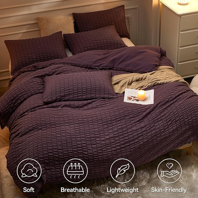 JELLYMONI Purple Duvet Cover Queen Size, Soft Breathable Seersucker Duvet Cover - Image 2