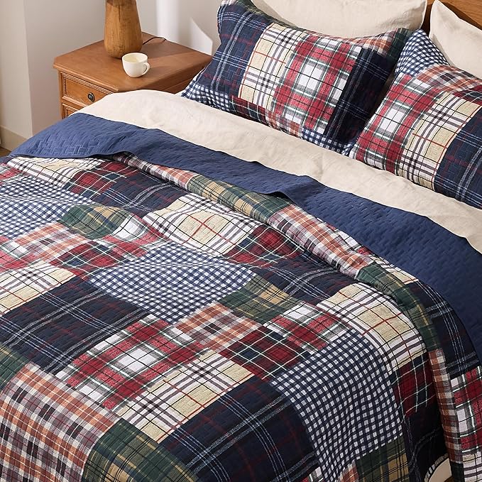 PPOLCA Patchwork King Quilt Bedding Set, Plaid Lightweight Reversible Bedspread - Image 4