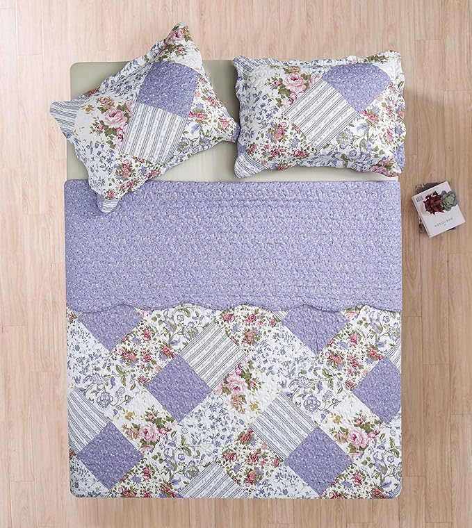 Brilliant Sunshine Rose Violet Patchwork, 3-Piece Quilt Set - Image 7