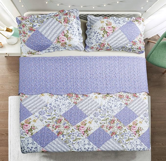 Brilliant Sunshine Rose Violet Patchwork, 3-Piece Quilt Set - Image 6