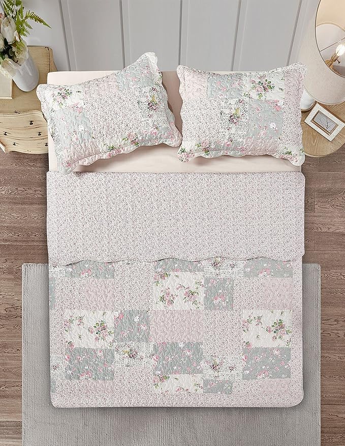 Brilliant Sunshine Rose and Sage Quilt Set, 3-Piece Bedding Sets, Traditional - Image 4