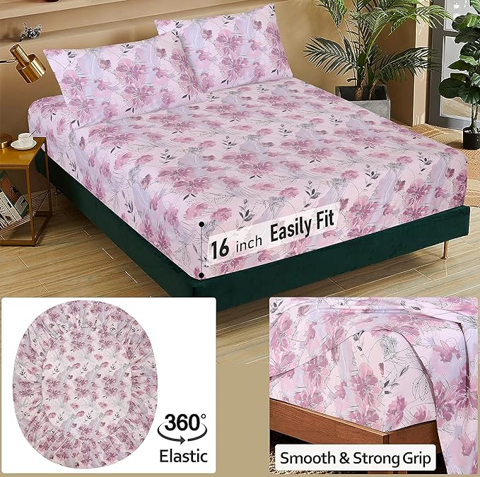 Ruvanti 100% Cotton Bed Sheets, Lilac Floral Print Full Size Sheets Set - Image 5