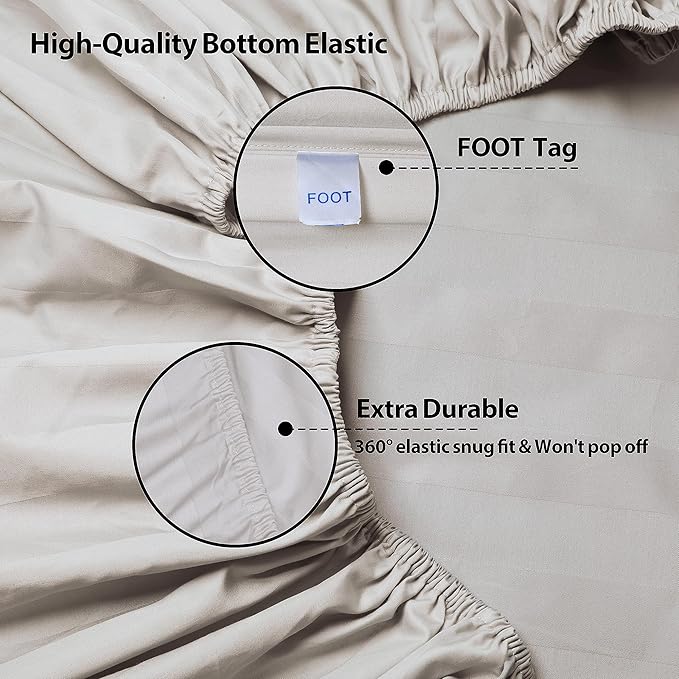 Twin XL Size Striped Fitted Sheet Only Light Beige Color, 100% Egyptian Cotton - Image 5