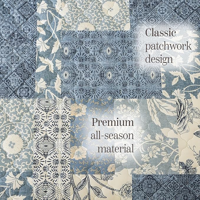 BLOOMHAVEN Quilt Set Twin Size, Patchwork Blue Floral Quilt Sets, Reversible - Image 6