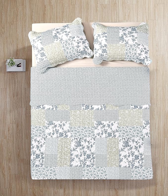Brilliant Sunshine Multi Blue and Beige Floral Patchwork, 3-Piece Quilt Set - Image 4
