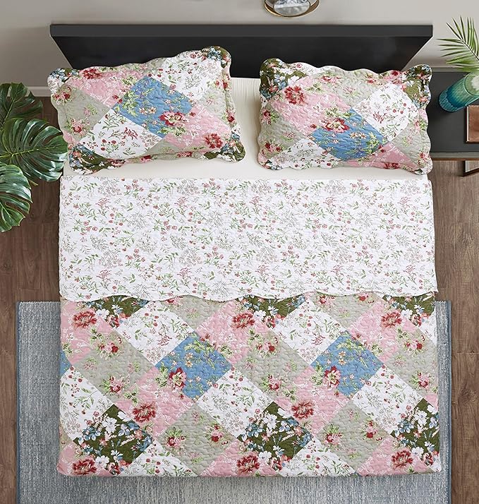 Brilliant Sunshine Peach and Olive Flowers Patchwork, 3-Piece Quilt Set - Image 6
