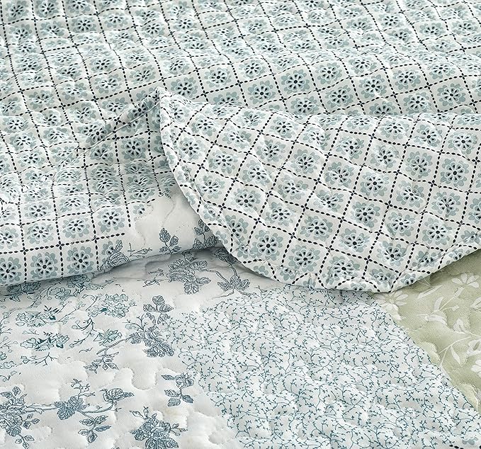 Brilliant Sunshine Multi Blue and Beige Floral Patchwork, 3-Piece Quilt Set - Image 6