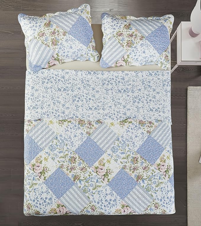 Brilliant Sunshine Blue Rose Patchwork, 3-Piece Quilt Set - Image 7