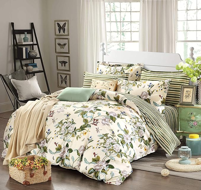 FADFAY Floral Duvet Cover Set 100% Cotton Green and Beige Striped Shabby Flower - Image 5