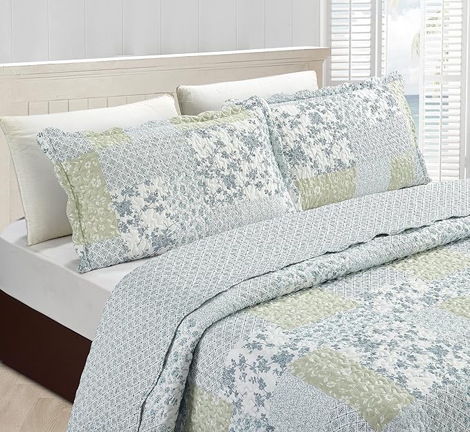 Brilliant Sunshine Multi Blue and Beige Floral Patchwork, 3-Piece Quilt Set - Image 3